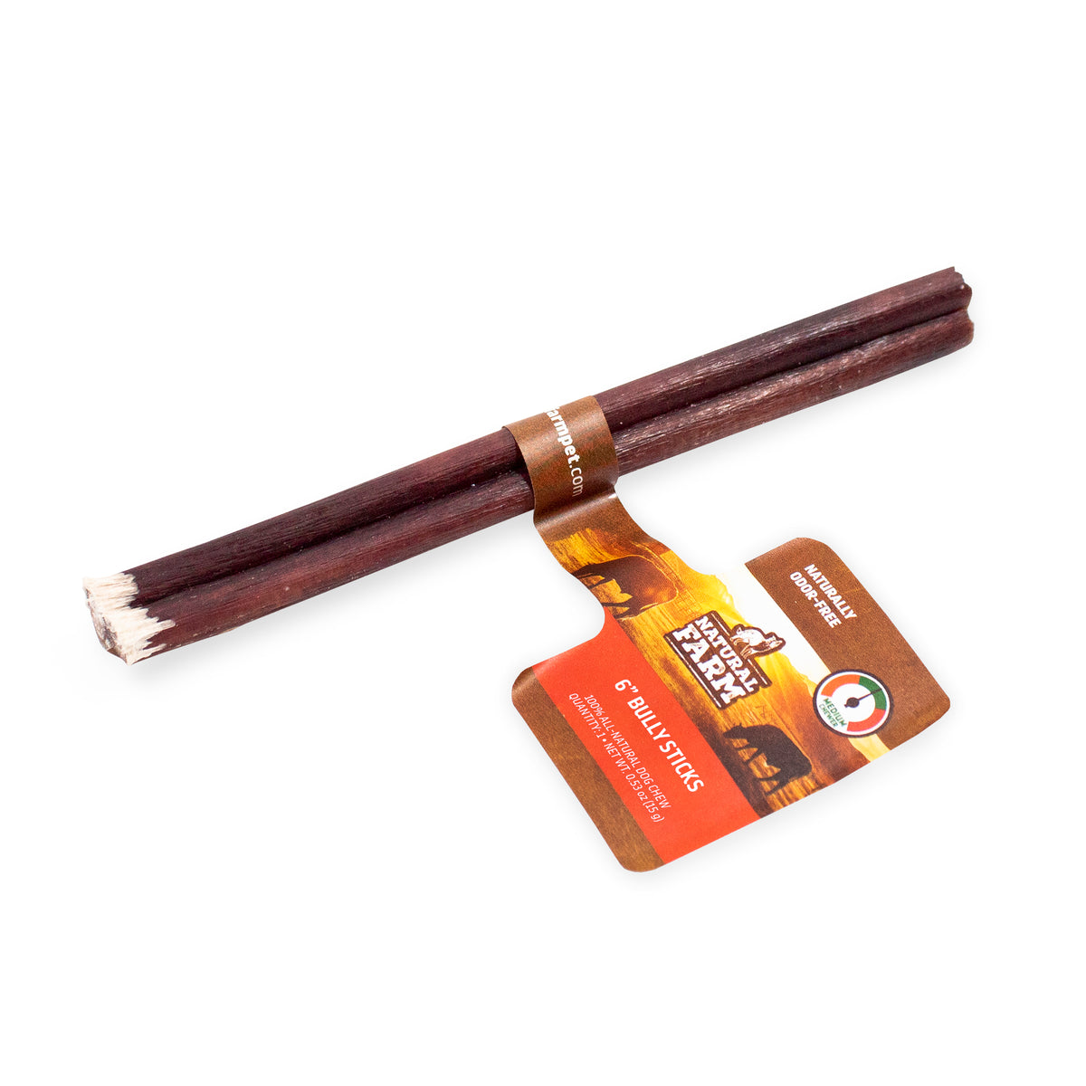 Natural Farm 6-inch Bully Stick for dogs. The dark, premium single-ingredient chew is wrapped in the official branded tag, which highlights it as a "Naturally Odour-Free" treat designed for a "Medium Chewer". Perfect exact match for a 1-count all-natural dog chew in Australia.