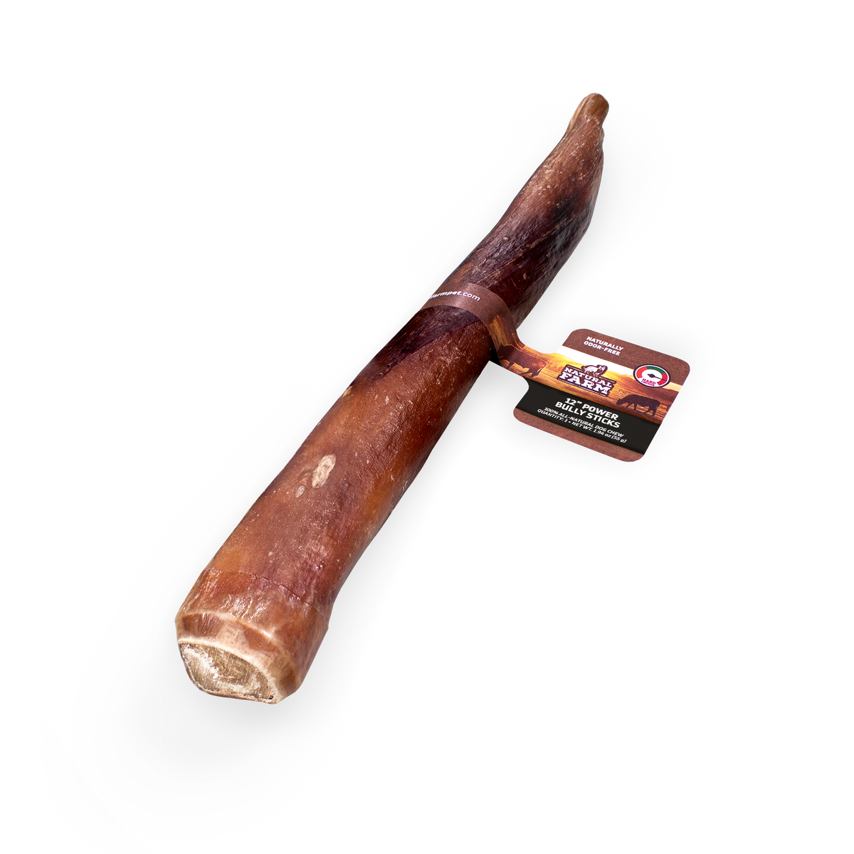 Natural Farm 30cm Power Bully Stick, 1 count, isolated on a transparent background. An extra-thick, all-natural premium dog chew with official packaging highlighting it as naturally odour-free and built for hard chewers in the Australian market.