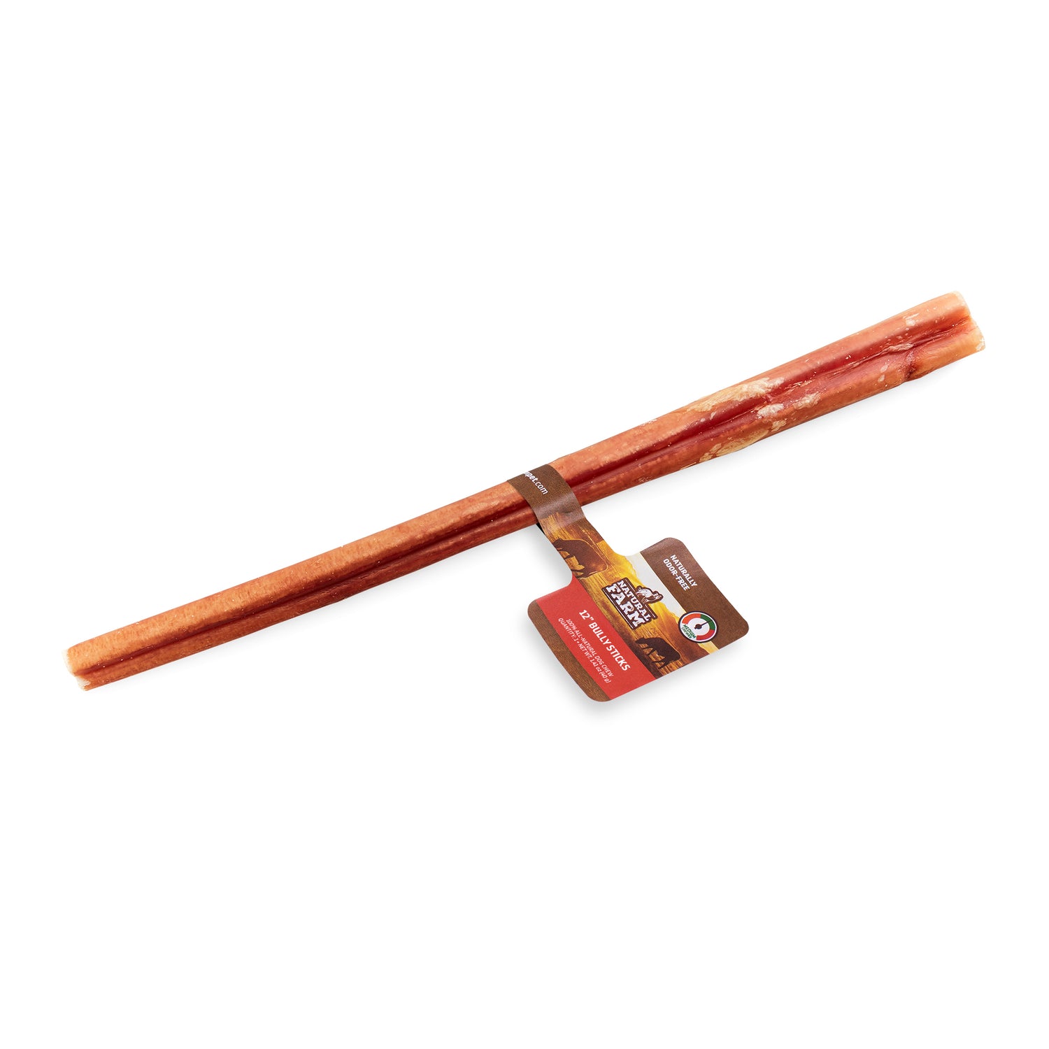 Natural Farm 30cm Bully Stick, 1 count. A long, all-natural premium dog chew on a white background, with official packaging highlighting it as naturally odour-free and designed for medium chewers in the Australian market.