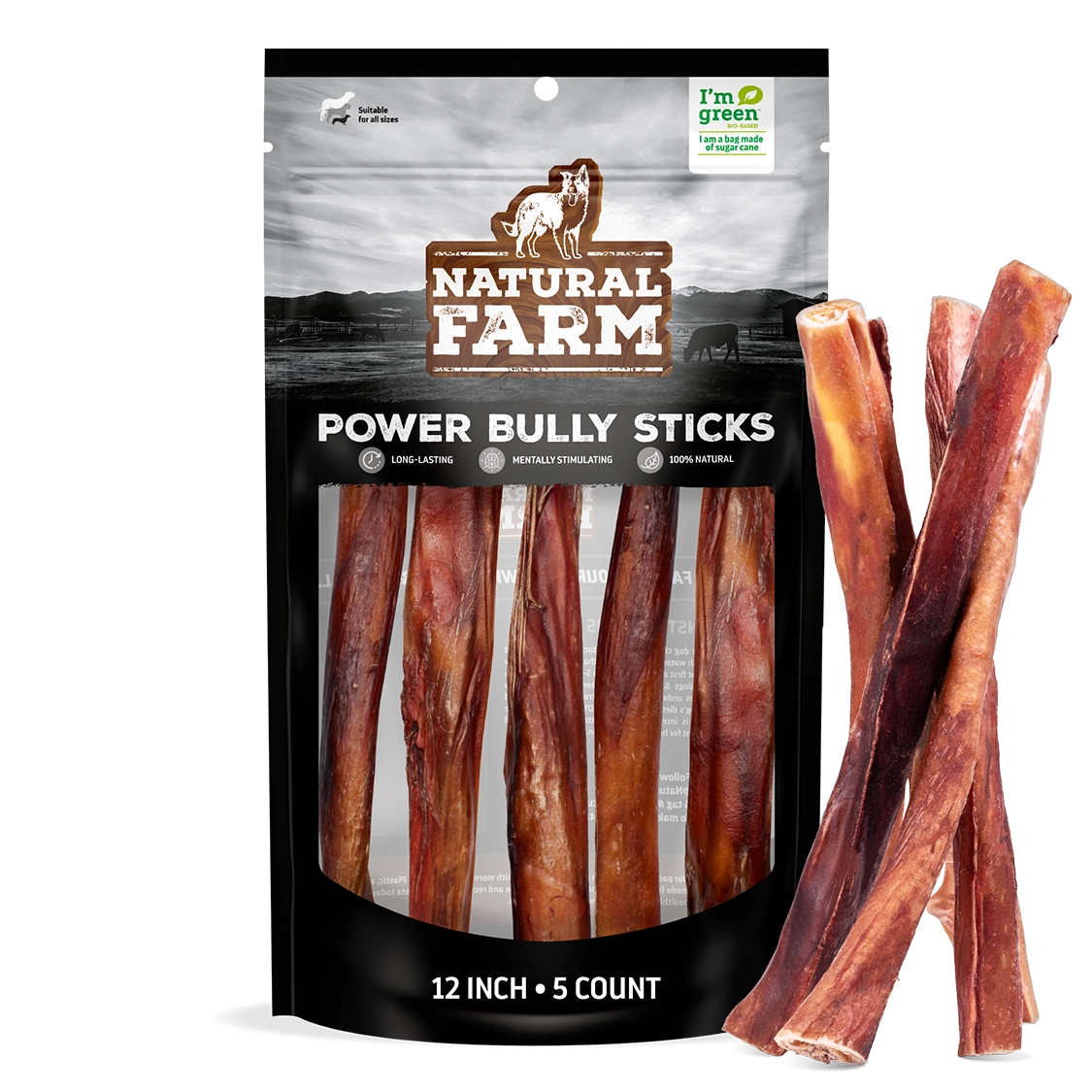 Natural Farm Power Bully Sticks 12 inch 5 count package with thick natural bully sticks, made for long-lasting chewing and aggressive chewers.