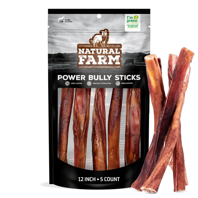Natural Farm Power Bully Sticks 12 inch 5 count package with thick natural bully sticks, made for long-lasting chewing and aggressive chewers.