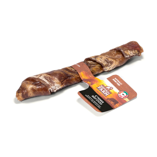 Natural Farm 15cm Power Beef Stick, 1 count. A thick, all-natural premium beef dog chew on a white background, with official packaging highlighting it as naturally odour-free and specifically designed for hard chewers in the Australian market.