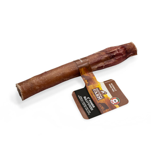 Natural Farm 15cm Power Bully Stick, 1 count. An extra-thick, all-natural premium dog chew on a white background, featuring official packaging that highlights it as naturally odour-free and specifically built for hard chewers in the Australian market.