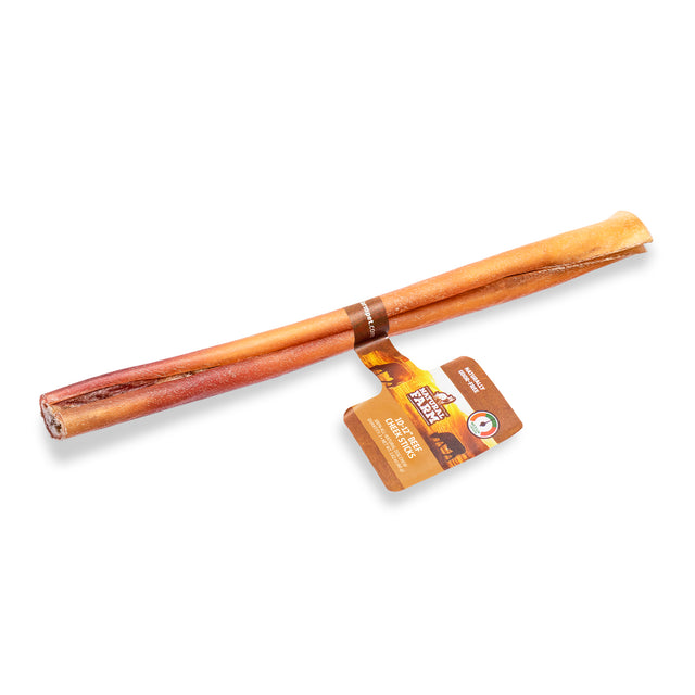 Natural Farm 25-30cm Beef Cheek Stick, 1 count. A long, highly digestible, all-natural premium dog chew on a white background, featuring official packaging that highlights it as naturally odour-free and designed for medium chewers in the Australian market.