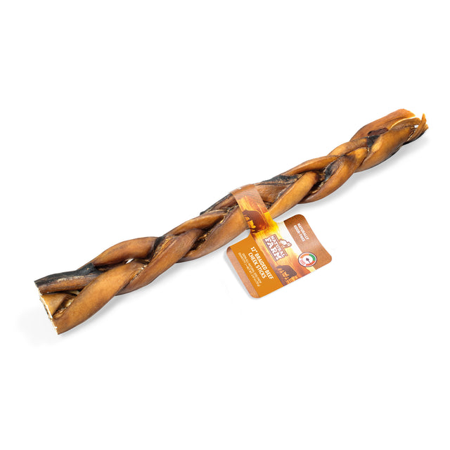 Studio product shot on a white background featuring a textured Natural Farm 30cm Braided Beef Cheek Stick. The premium all-natural dog chew includes a branded tag reading '12" BRAIDED BEEF CHEEK STICKS' and 'NATURALLY ODOR-FREE'. This perfectly matches the search intent for a collagen-rich, highly digestible, and naturally odour-free 30cm rawhide alternative in Australia, utilizing a braided shape for extended chew time and dental support for medium chewers.