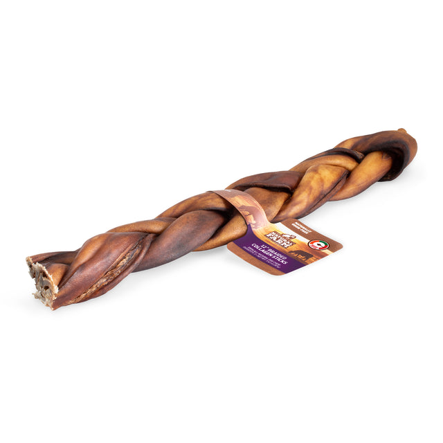 Studio product shot on a white background featuring a textured Natural Farm 30cm Braided Collagen Stick. The premium all-natural dog chew includes a branded tag reading '12" BRAIDED COLLAGEN STICKS' and 'NATURALLY ODOR-FREE'. This visual perfectly matches the search intent for a functional, highly digestible, and naturally odour-free 30cm rawhide alternative in Australia, offering joint support and utilizing a braided shape for extended chew time and dental cleaning for medium chewers.