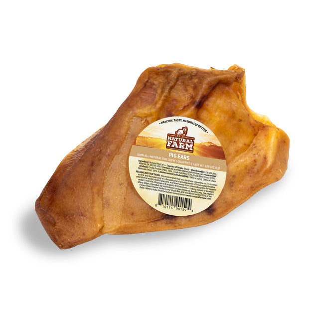 Natural Farm Pig Ear, 1 count. A large, highly palatable, all-natural premium dog chew on a white background, featuring official packaging that highlights it as a healthy, single-ingredient treat in the Australian market.